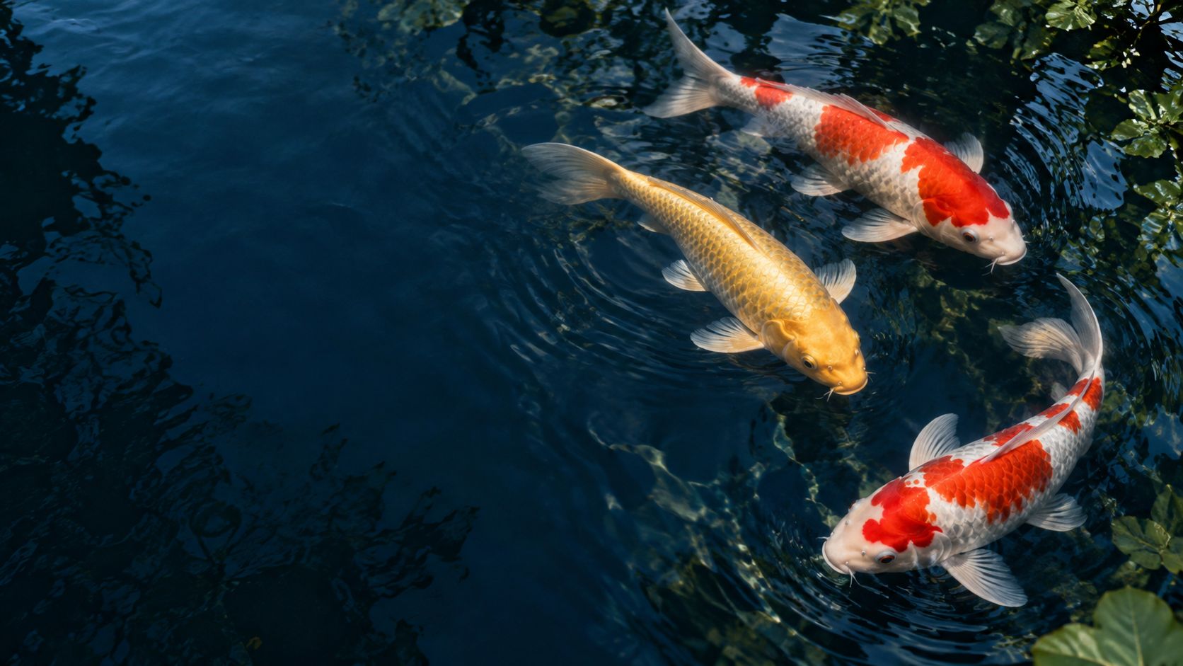 Illustration of three koi, two red and white and one golden, swimming in dark blue pond water